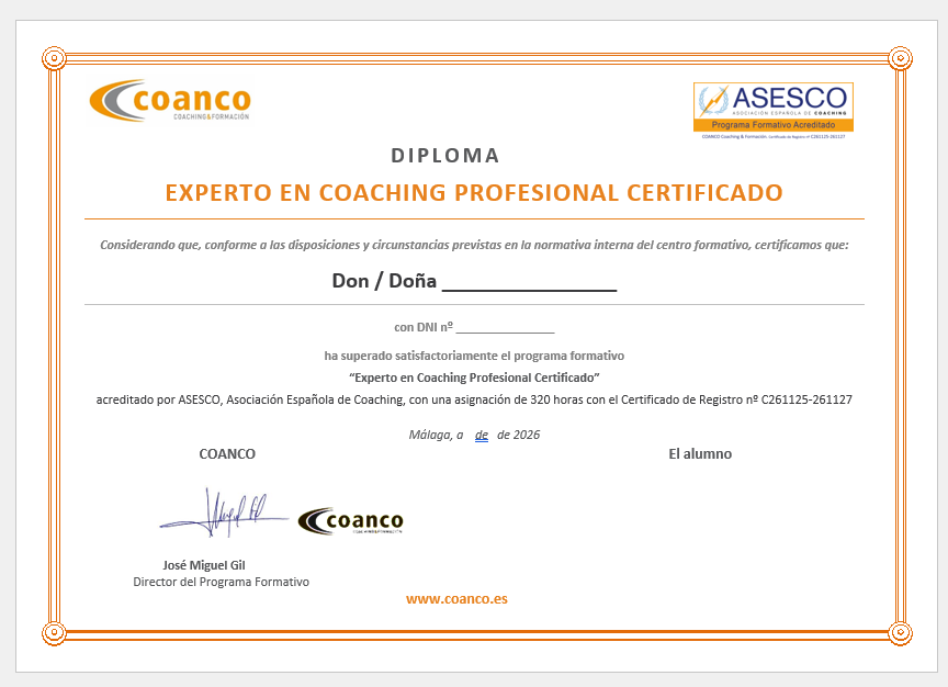 Diploma de Experto en Coaching Profesional Certificado, con el sello de programa acreditado por ASESCO